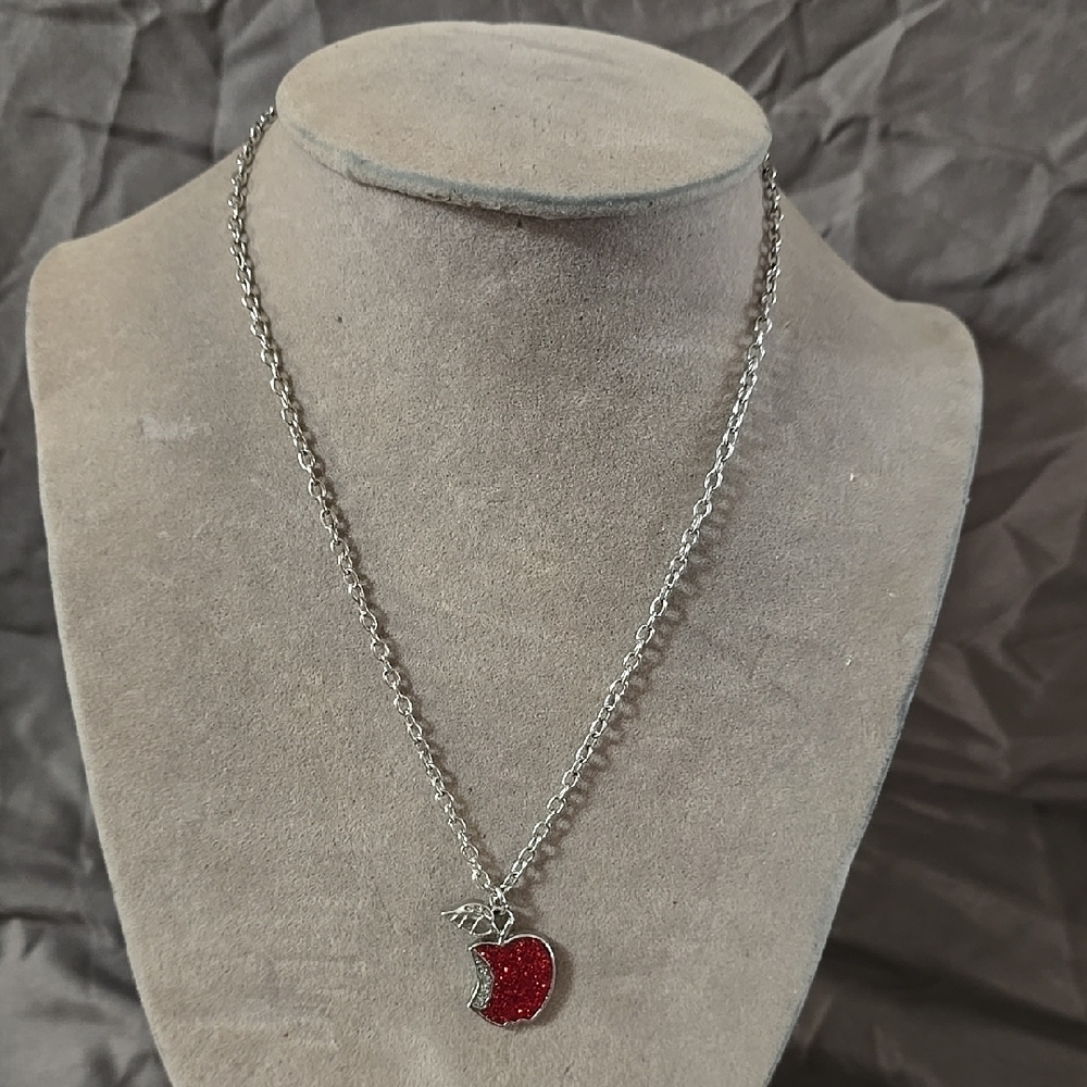 Silver and Red Apple Necklace